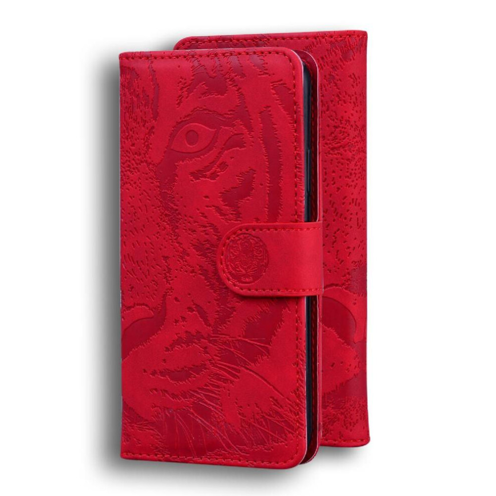 (Red) Flip Case For Motorola Moto G04 Kickstand Protective Embossed Cute Tiger Leather Wallet Red 764563680368