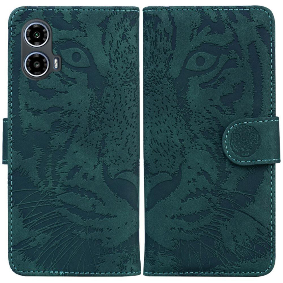 (Green) Flip Case For Motorola Moto G04 Kickstand Protective Embossed Cute Tiger Leather Wallet Green 764563680375