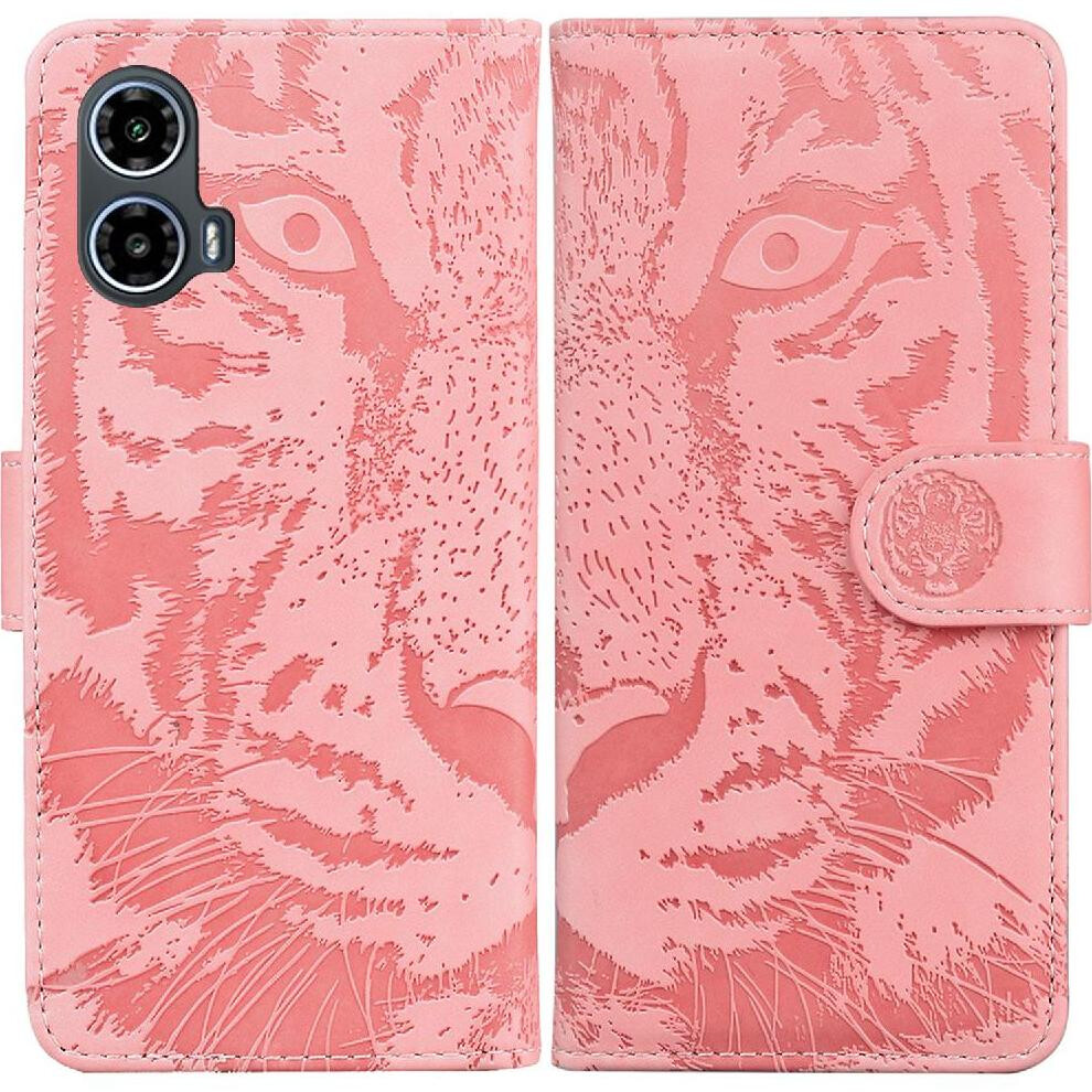 (Pink) Flip Case For Motorola Moto G04 Kickstand Protective Embossed Cute Tiger Leather Wallet Pink 764563680405