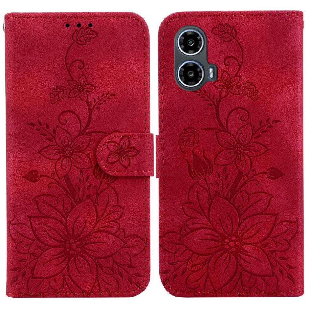 (Red) Flip Case For Motorola Moto G04 Card Holder Magnetic Kickstand Wallet Embossed Lily Red 764563680832