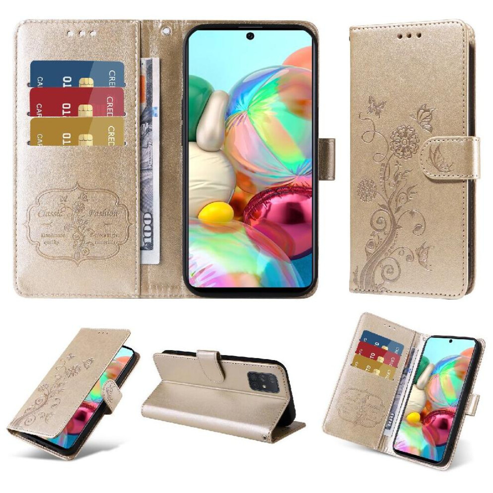 (Gold) Flip Case For Samsung Galaxy A71 4G Flip Flower Cardslots Leather Gold 764563681006