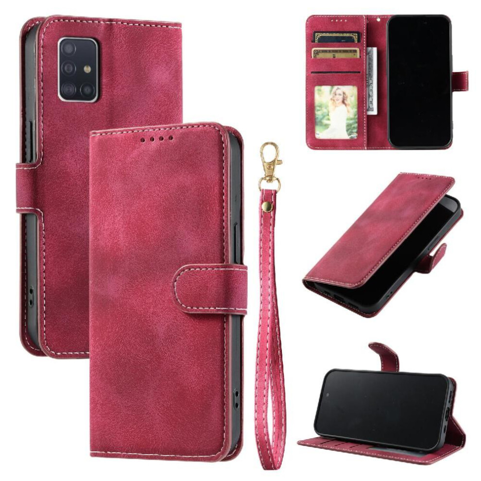 (Red) Flip Case For Samsung Galaxy A71 4G Wrist Strap Magnetic Pu Leather Wallet Card Slots Kickstand Red 764563681778