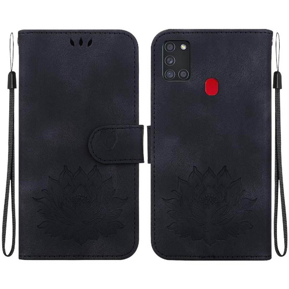 (Black) Flip Case For Samsung Galaxy A21s Magnetic Kickstand Relief Lotus Flower Wallet Kickstand Black 764563682072