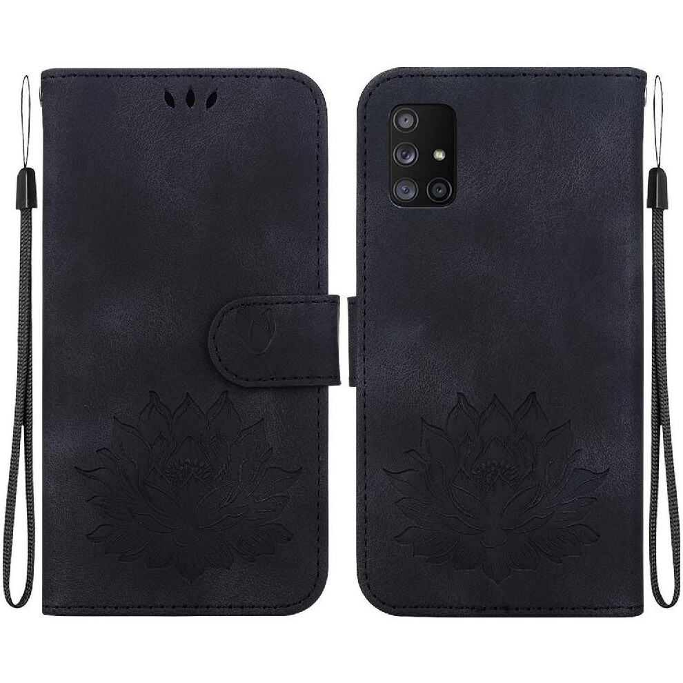 (Black) Flip Case For Samsung Galaxy A71 4G Kickstand Magnetic Wallet Relief Lotus Flower Kickstand Black 764563682133