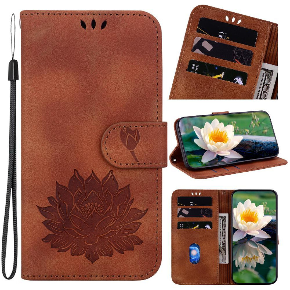 (Brown) Flip Case For Motorola Moto G04 Kickstand Relief Lotus Flower Magnetic Kickstand Wallet Brown 764563682140