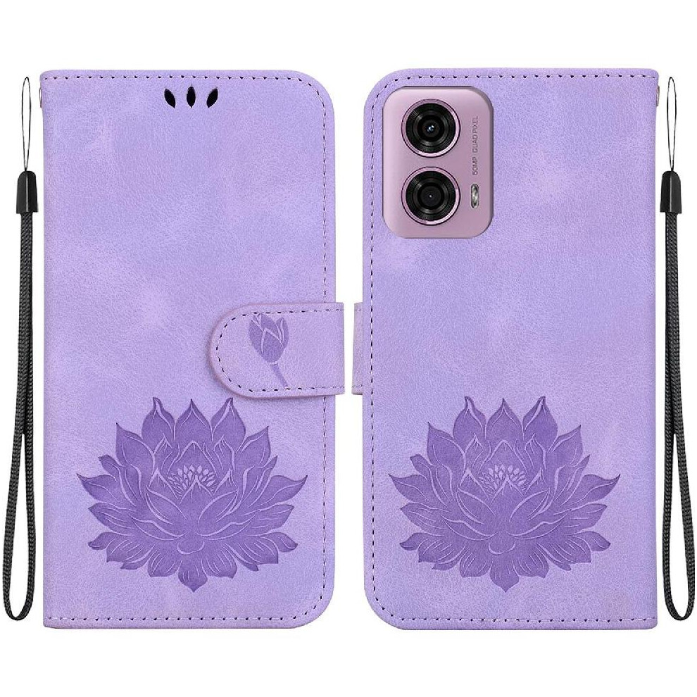 (Purple) Flip Case For Motorola Moto G04 Kickstand Relief Lotus Flower Magnetic Kickstand Wallet Purple 764563682188