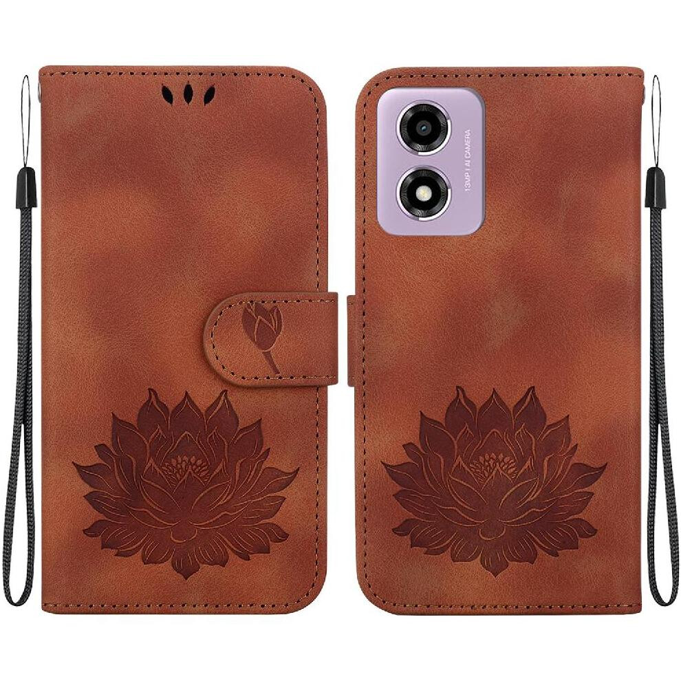 (Brown) Flip Case For Motorola Moto G04s Wallet Kickstand Kickstand Magnetic Relief Lotus Flower Brown 764563682270