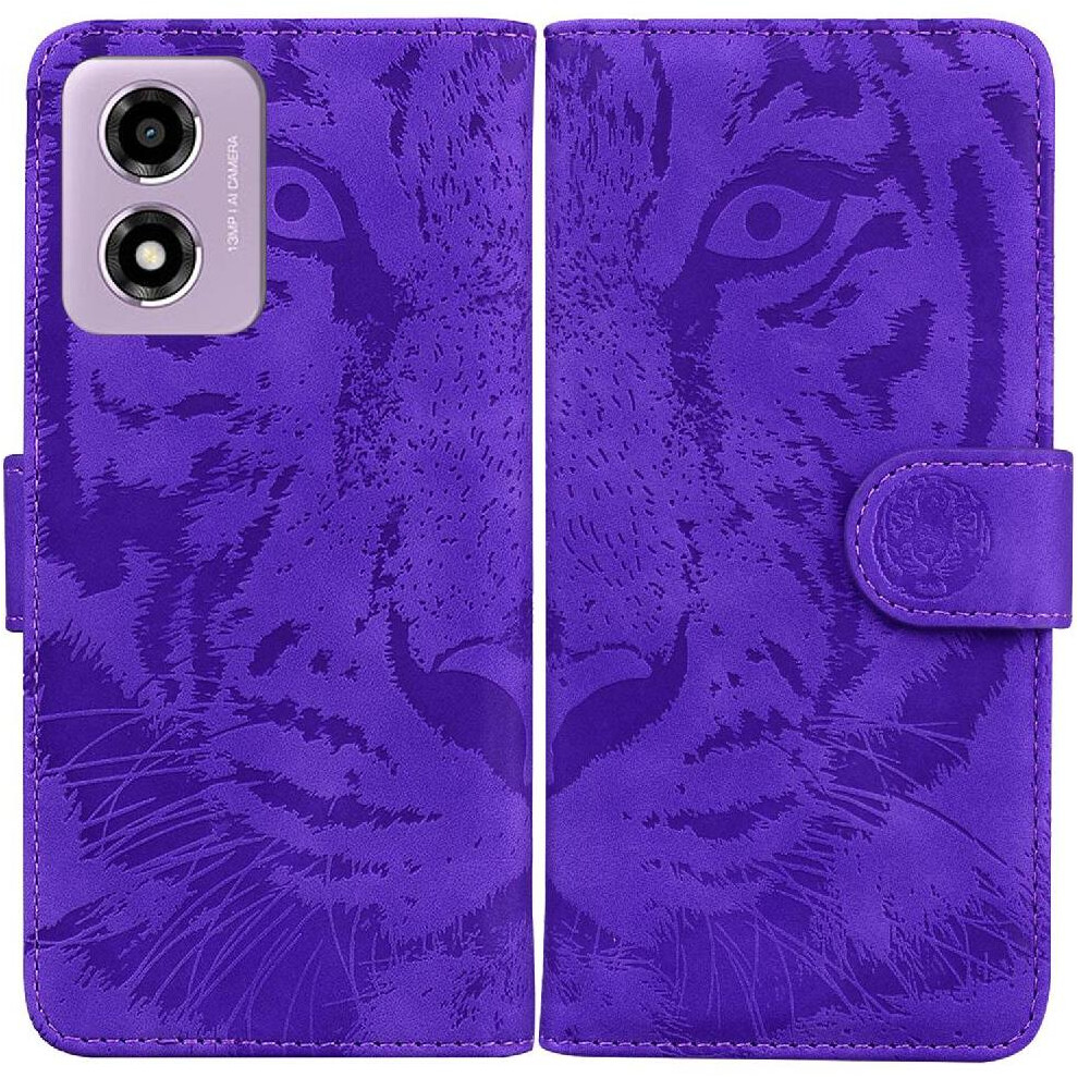 (Purple) Flip Case For Motorola Moto G04s Embossed Cute Tiger Kickstand Protective Leather Wallet Purple 764563682805