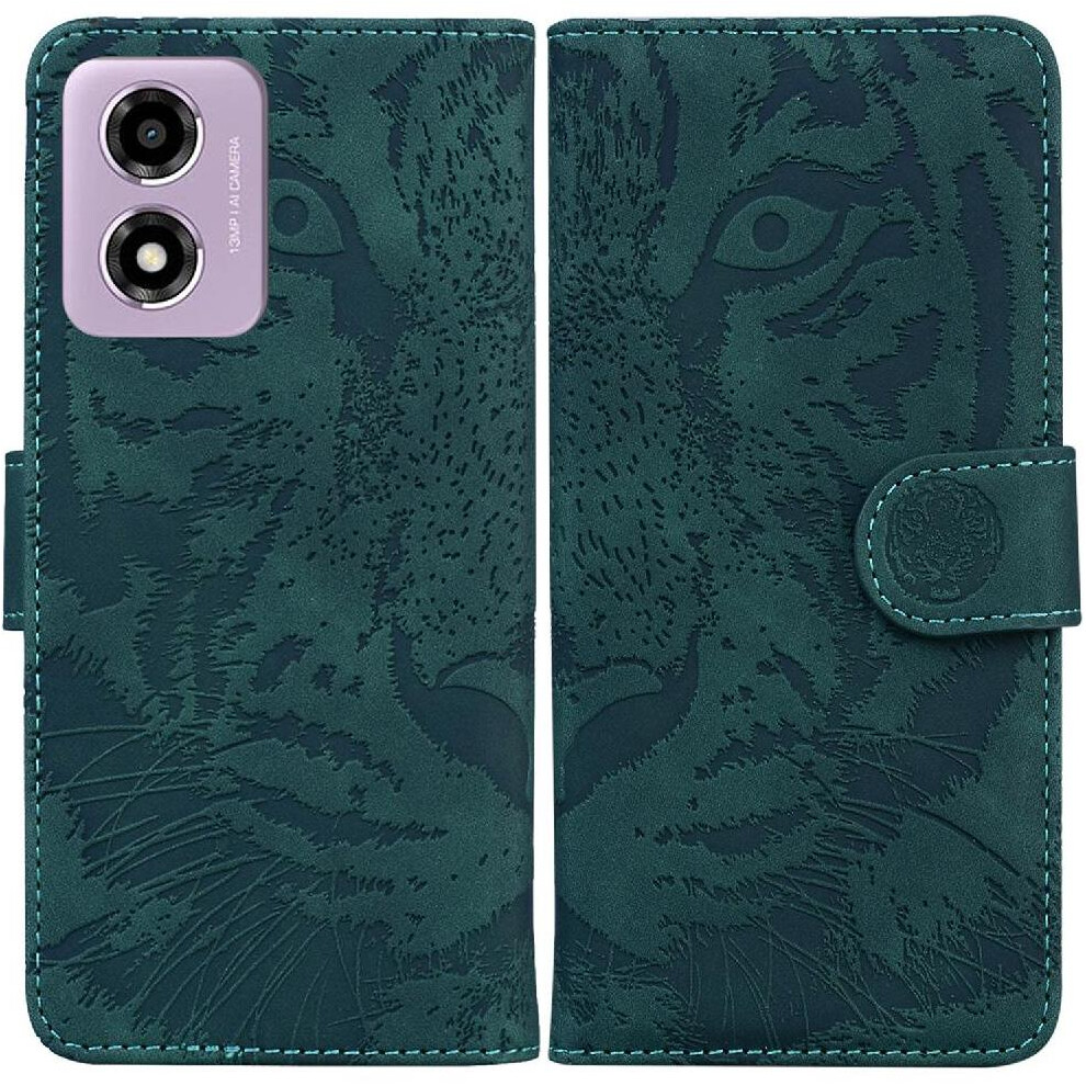 (Green) Flip Case For Motorola Moto G04s Embossed Cute Tiger Kickstand Protective Leather Wallet Green 764563682799