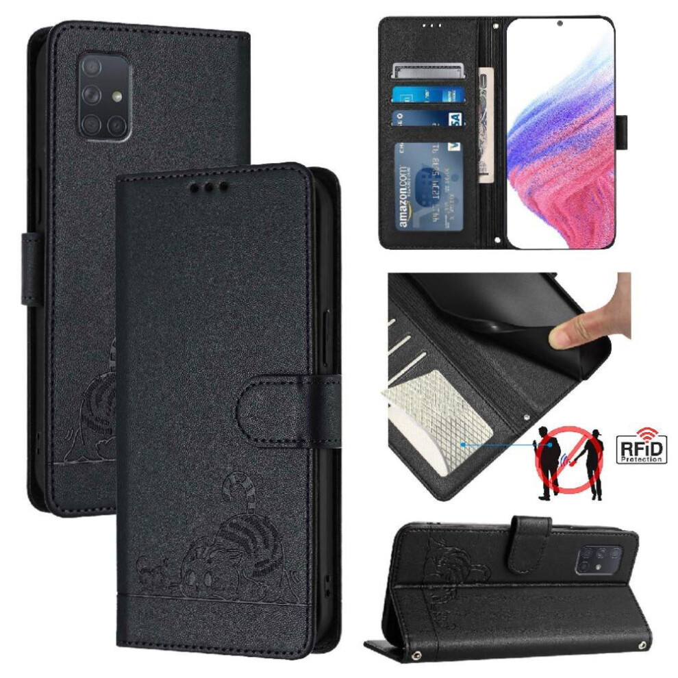 (Black) Case For Samsung Galaxy A71 4G Wallet Flip Cover Card Slot Holder Kickstand Cat Rfid Black 764563682942
