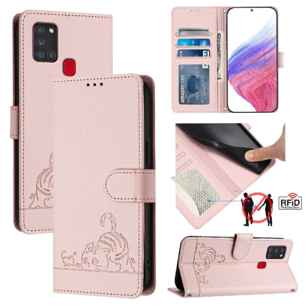 (Pink) Case For Samsung Galaxy A21s Card Slot Holder Kickstand Wallet Flip Cover Cat Rfid Pink 764563682997