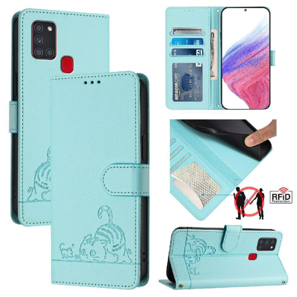 (Green) Case For Samsung Galaxy A21s Card Slot Holder Kickstand Wallet Flip Cover Cat Rfid Green 764563682980