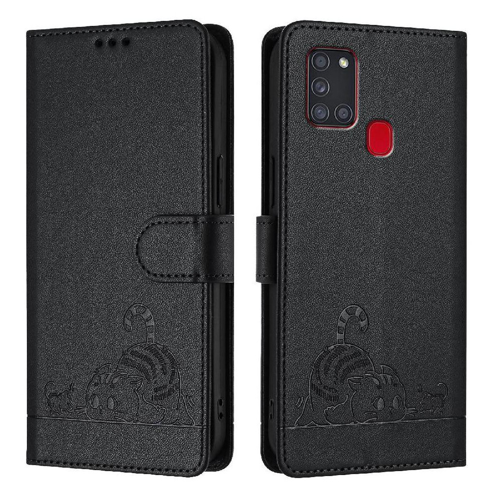 (Black) Case For Samsung Galaxy A21s Card Slot Holder Kickstand Wallet Flip Cover Cat Rfid Black 764563683000