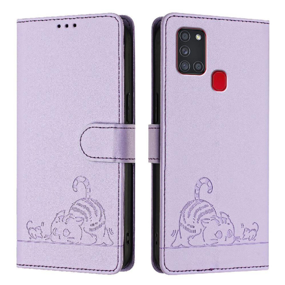 (Purple) Case For Samsung Galaxy A21s Card Slot Holder Kickstand Wallet Flip Cover Cat Rfid Purple 764563683024