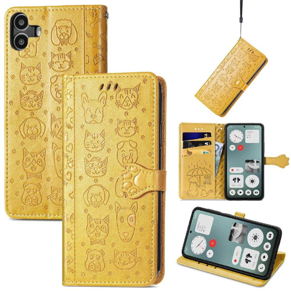 Photos - Case   for Nothing Cmf Phone 1 Shockproof Leather  Cartoon Animals Flip Cover Short Strap(Yellow)