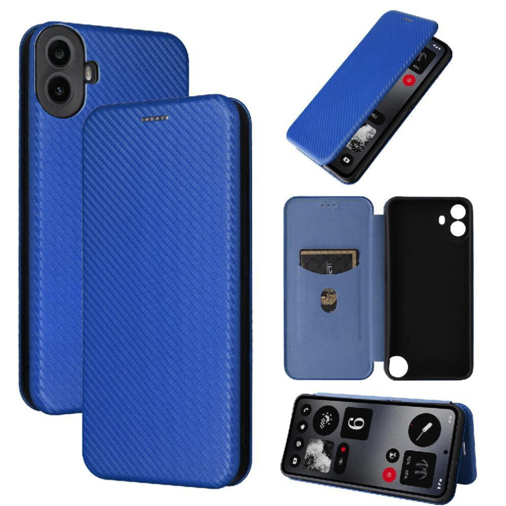 Photos - Case  Flip  for Nothing Cmf Phone 1 Leather Folio Flip  Magnetic Carbon Fiber with Card Holder Kickstand Card Inser(Blue)
