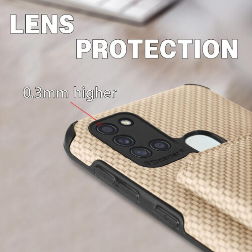 (Khaki ) Case for Samsung Galaxy A21s Rfid Blocking Stand Function Magnetic Card Holder Complete Camera Safety 1