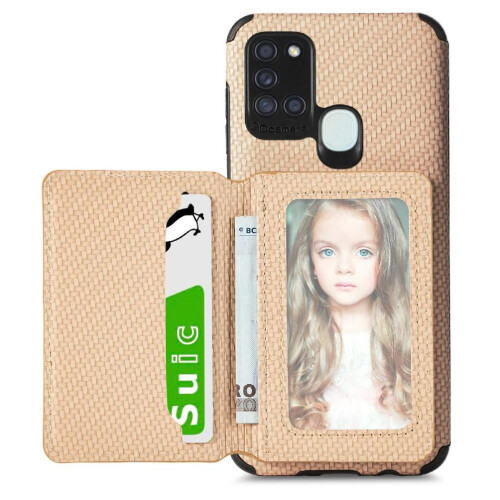 (Khaki ) Case for Samsung Galaxy A21s Rfid Blocking Stand Function Magnetic Card Holder Complete Camera Safety