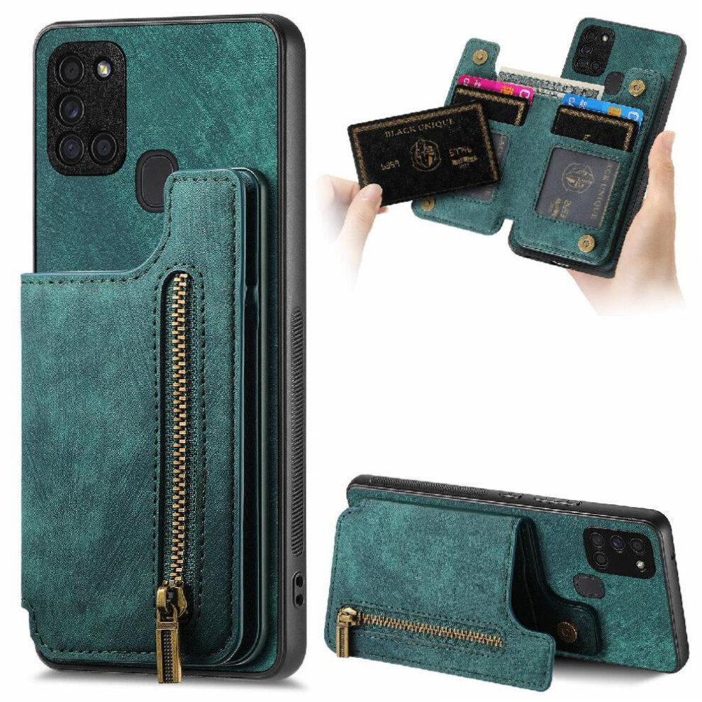 (Green) Case For Samsung Galaxy A21s Vintage Zipper Wallet Stand Function Foldable Back Cover Green 764563685882