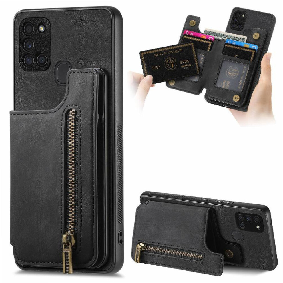 (Black) Case For Samsung Galaxy A21s Vintage Zipper Wallet Stand Function Foldable Back Cover Black 764563685875