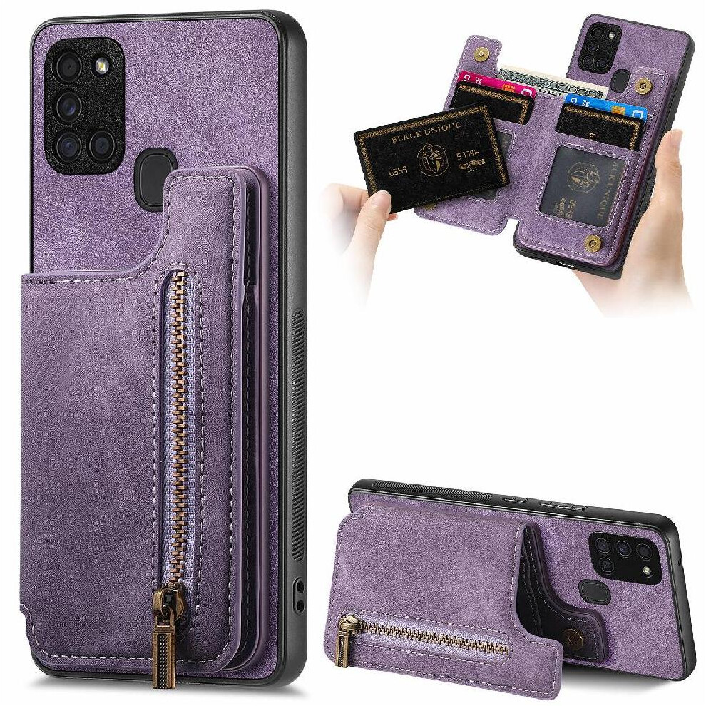 (Purple) Case For Samsung Galaxy A21s Vintage Zipper Wallet Stand Function Foldable Back Cover Purple 764563685844