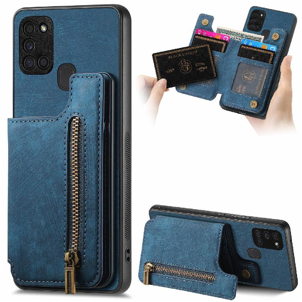(Blue) Case For Samsung Galaxy A21s Vintage Zipper Wallet Stand Function Foldable Back Cover Blue 764563685868