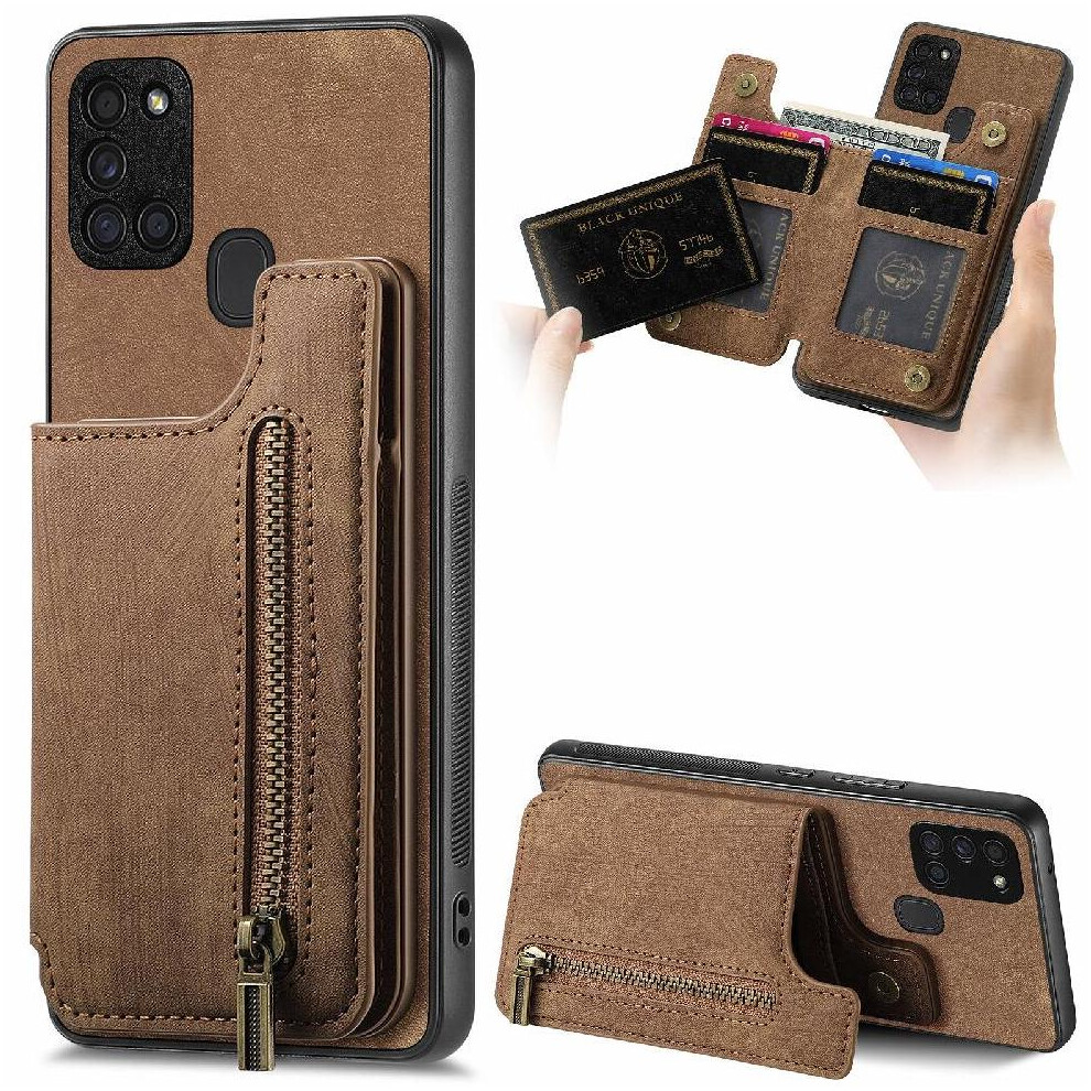 (Brown) Case For Samsung Galaxy A21s Vintage Zipper Wallet Stand Function Foldable Back Cover Brown 764563685851