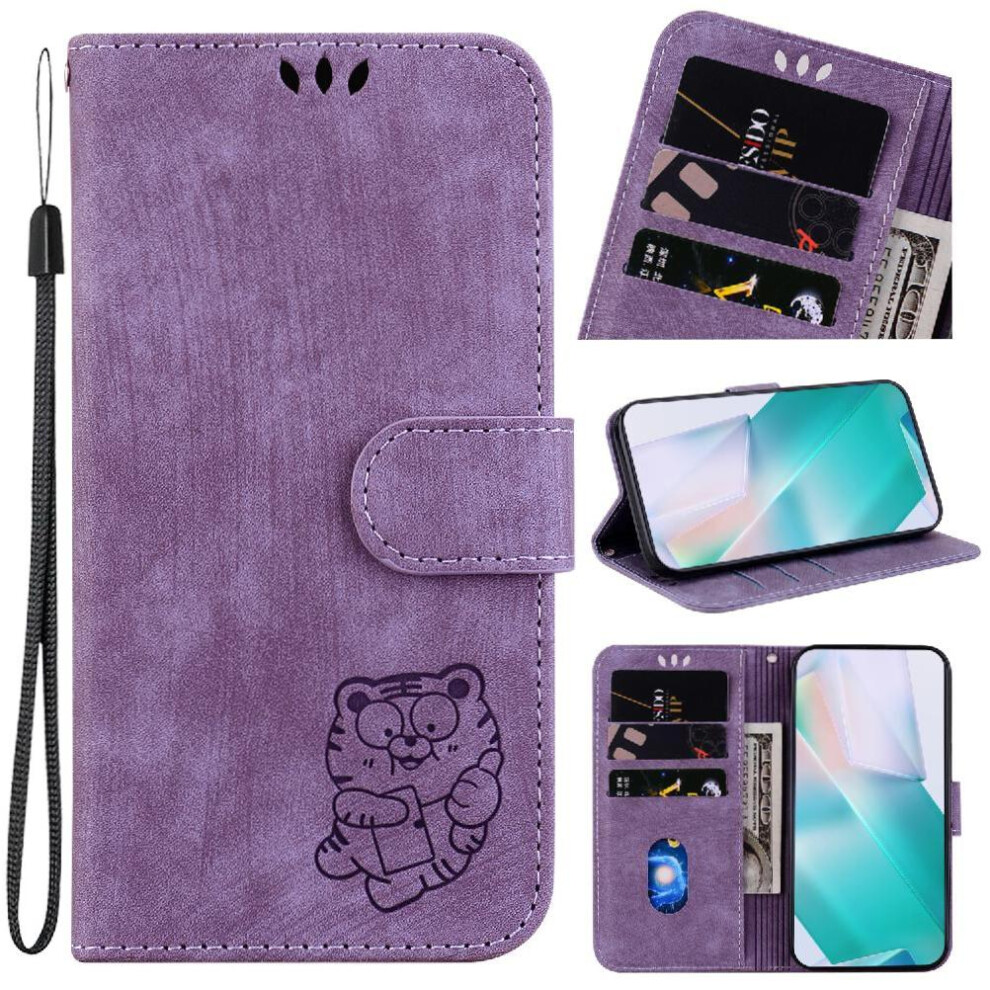 (Purple) Case For Motorola Moto G04s Card Pocket Embossed Cute Tiger Holder Cover Wallet Case Flip Folio Purple 764563685905