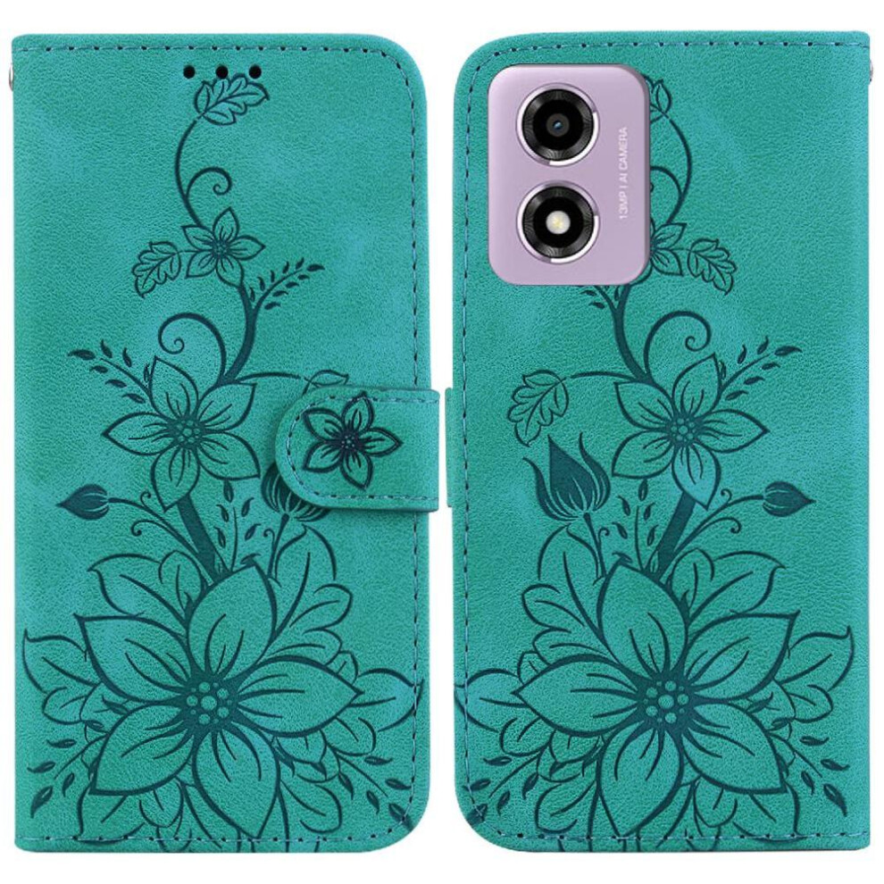(Green) Flip Case For Motorola Moto G04s Magnetic Wallet Embossed Lily Card Holder Kickstand Green 764563686308