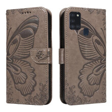 (Gray ) Flip Case for Samsung Galaxy A21s High Quality Leather with Credit Card Slot Detachable Hand Strap Embossed Butterfly