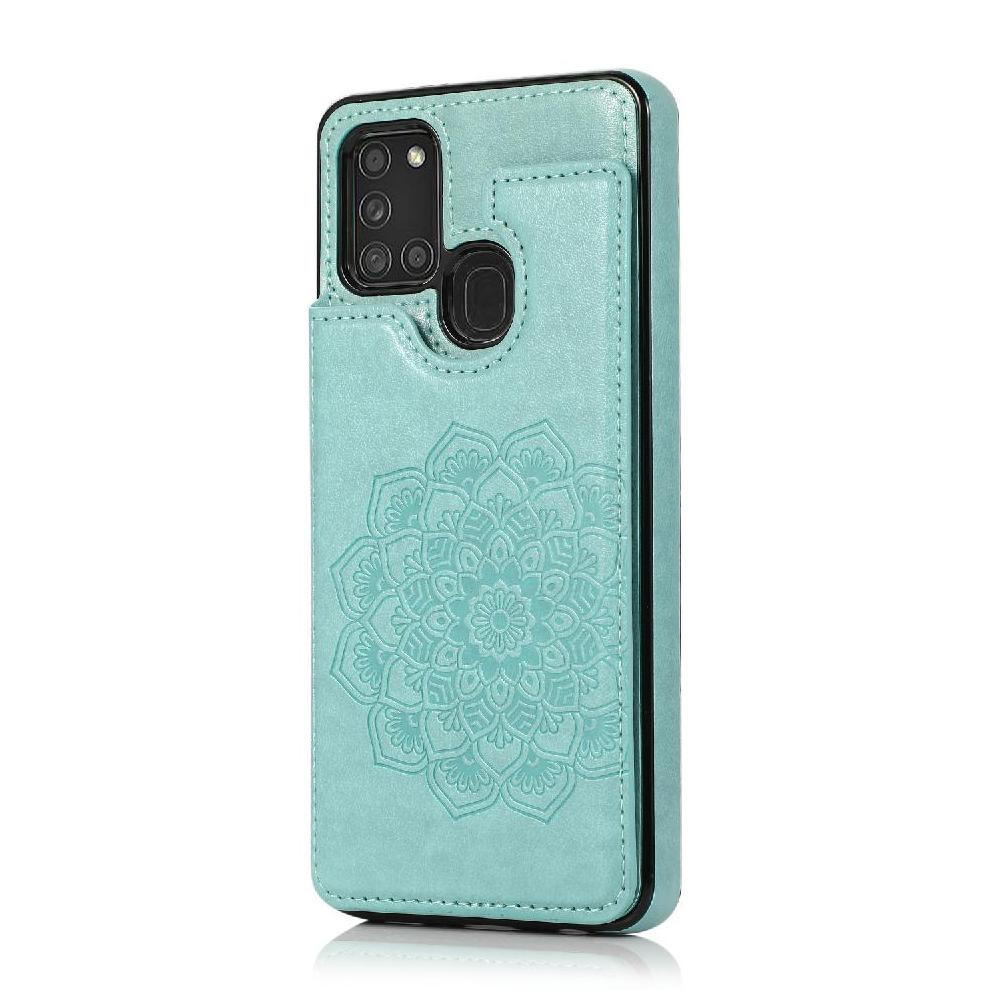 Photos - Case  Wallet with Card Holder  for Samsung Galaxy A21s Pattern Flower Pu Leather Embossed Mandala Flip Shockproof Doub(Green)