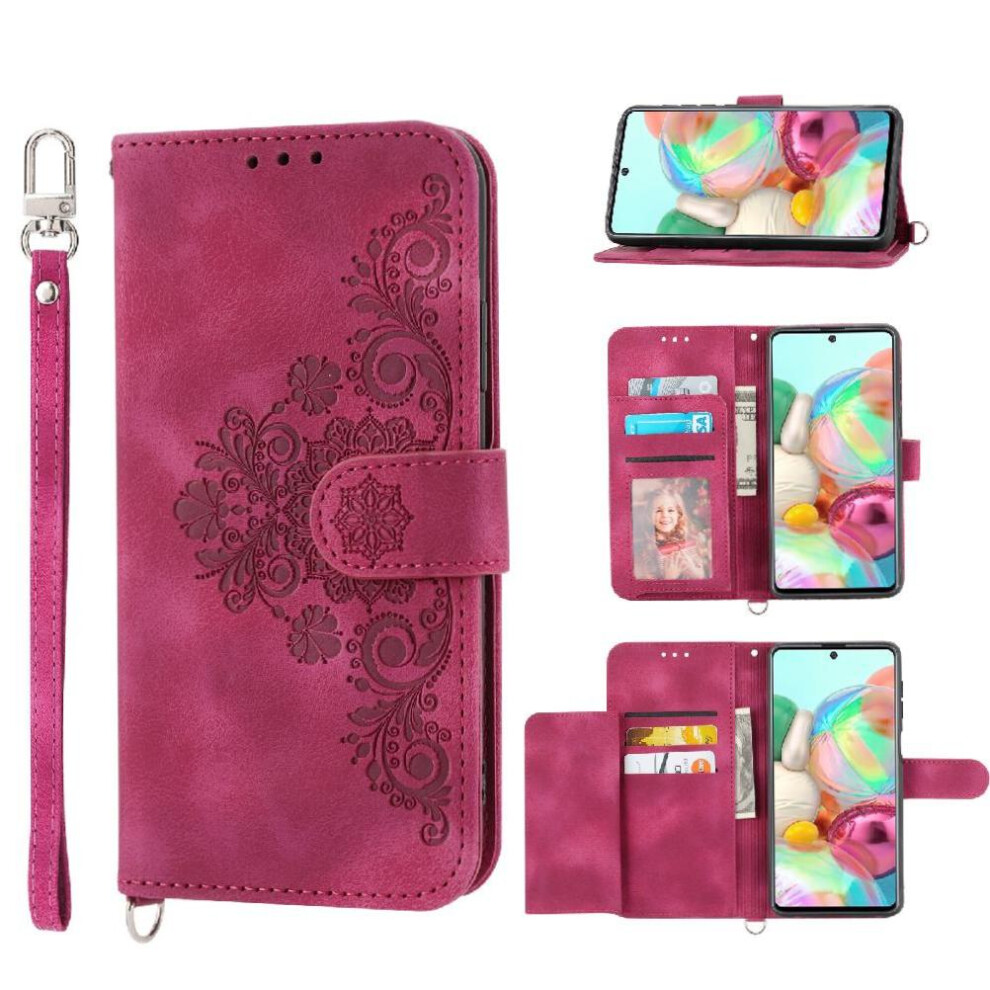 (Red) Flip Case For Samsung Galaxy A71 4G Wristband Embossed Multiple Credit Card Slots Shockproof Red 764563688265