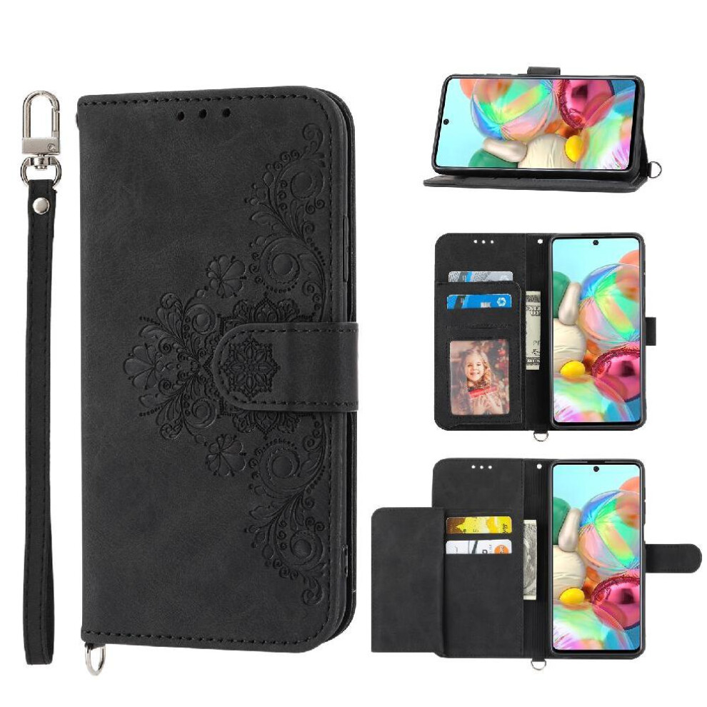 (Black) Flip Case For Samsung Galaxy A71 4G Wristband Embossed Multiple Credit Card Slots Shockproof Black 764563688289