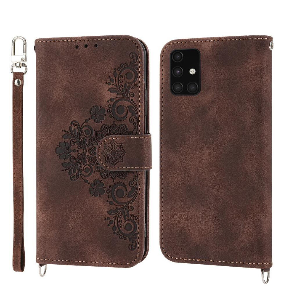 (Brown) Flip Case For Samsung Galaxy A71 4G Wristband Embossed Multiple Credit Card Slots Shockproof Brown 764563688272