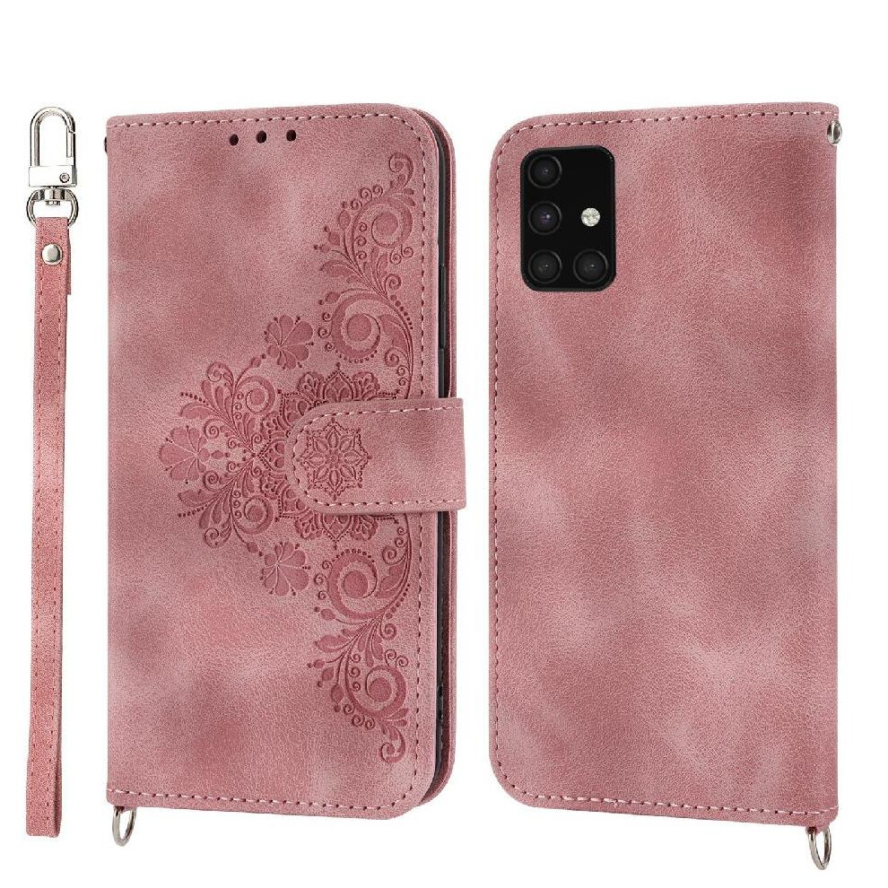 (Pink) Flip Case For Samsung Galaxy A71 4G Wristband Embossed Multiple Credit Card Slots Shockproof Pink 764563688258