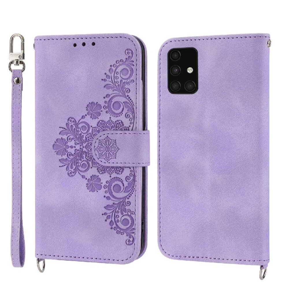 (Purple) Flip Case For Samsung Galaxy A71 4G Wristband Embossed Multiple Credit Card Slots Shockproof Purple 764563688241