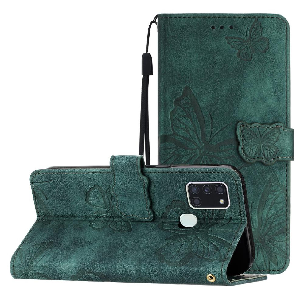 (Green) Flip Case For Samsung Galaxy A21s Pu Leather Magnetic Closure Card Slots Holder Wallet Butterfly Green 764563688630