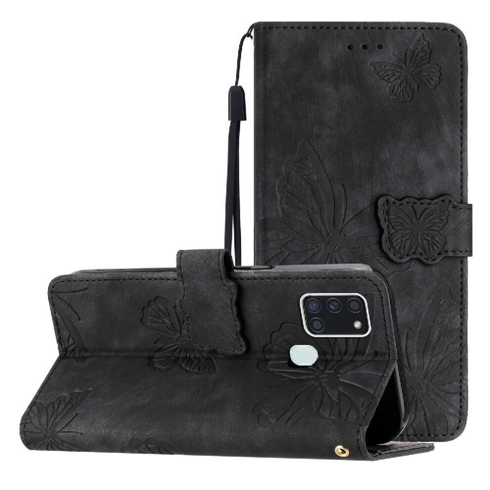 (Black) Flip Case For Samsung Galaxy A21s Pu Leather Magnetic Closure Card Slots Holder Wallet Butterfly Black 764563688647