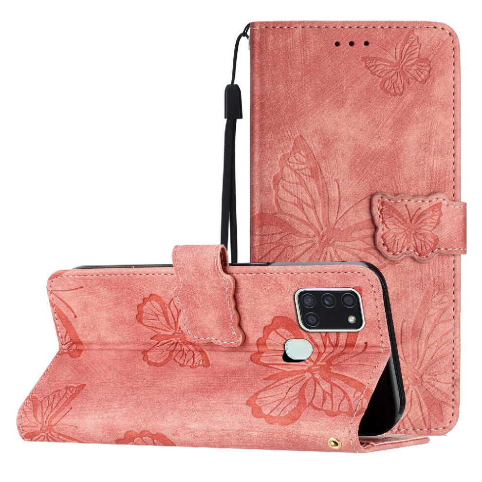 (Pink) Flip Case For Samsung Galaxy A21s Pu Leather Magnetic Closure Card Slots Holder Wallet Butterfly Pink 764563688616