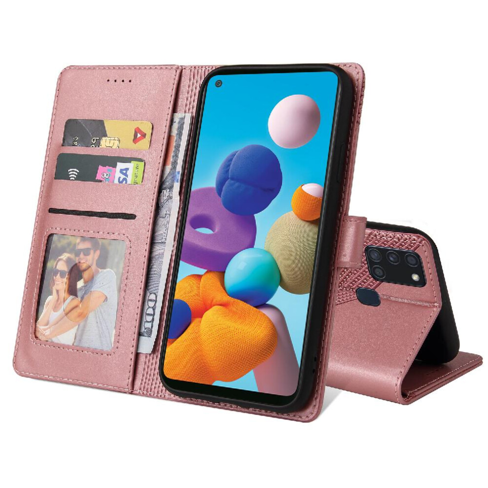 (Rose ) Flip Case For Samsung Galaxy A21s Premium Leather 4 Corner Protection Shockproof Three Card Slots Kickstand Gold 764563689064
