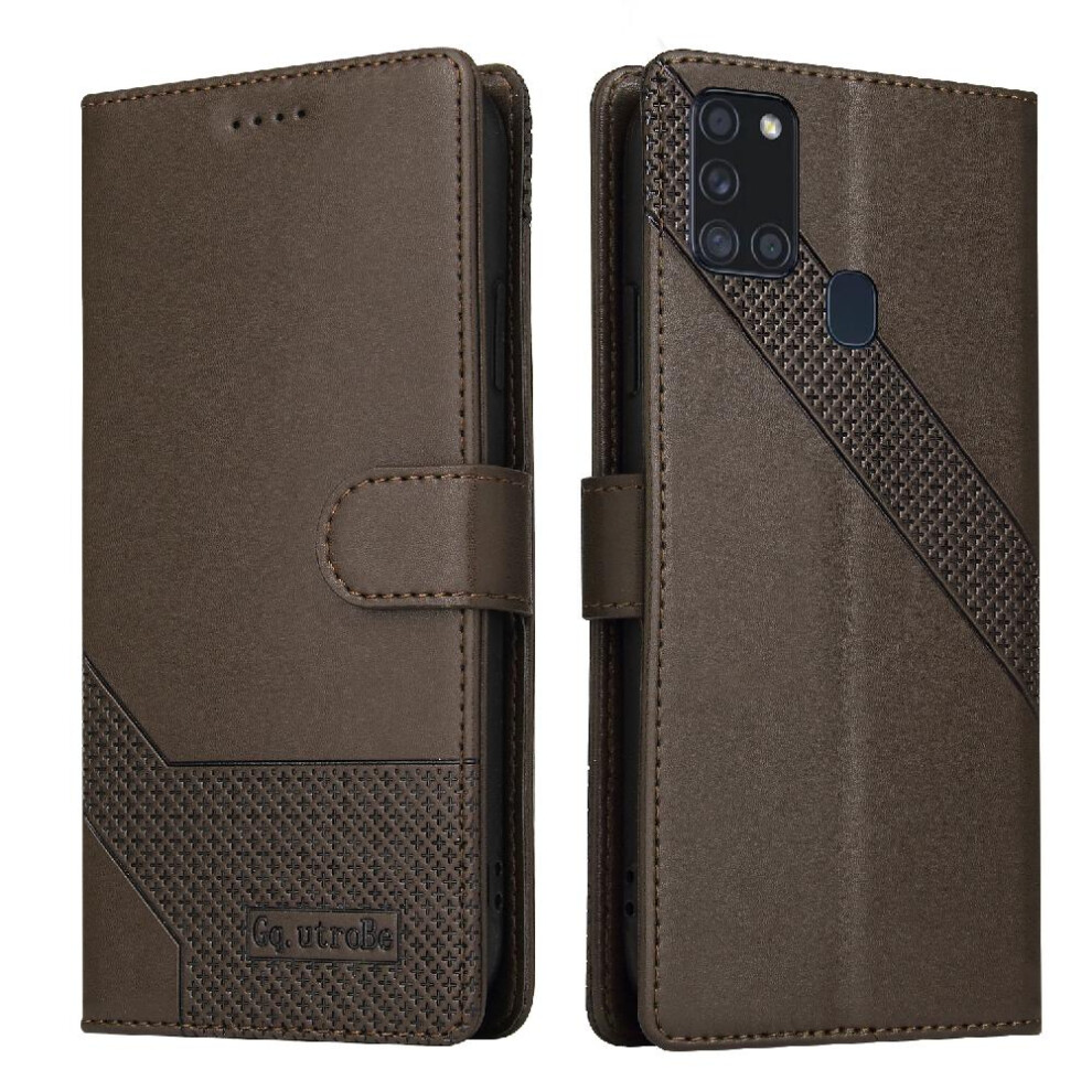 (Brown) Flip Case For Samsung Galaxy A21s Premium Leather 4 Corner Protection Shockproof Three Card Slots Kickstand Brown 764563689101