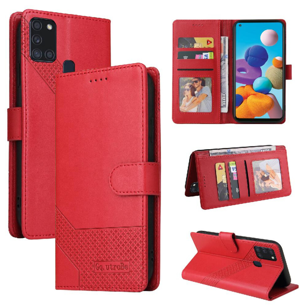 (Red) Flip Case For Samsung Galaxy A21s Premium Leather 4 Corner Protection Shockproof Three Card Slots Kickstand Red 764563689071
