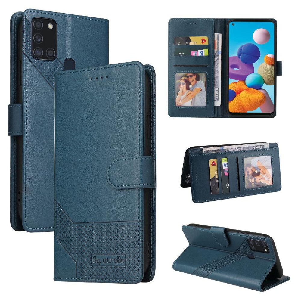(Blue) Flip Case For Samsung Galaxy A21s Premium Leather 4 Corner Protection Shockproof Three Card Slots Kickstand Blue 764563689095