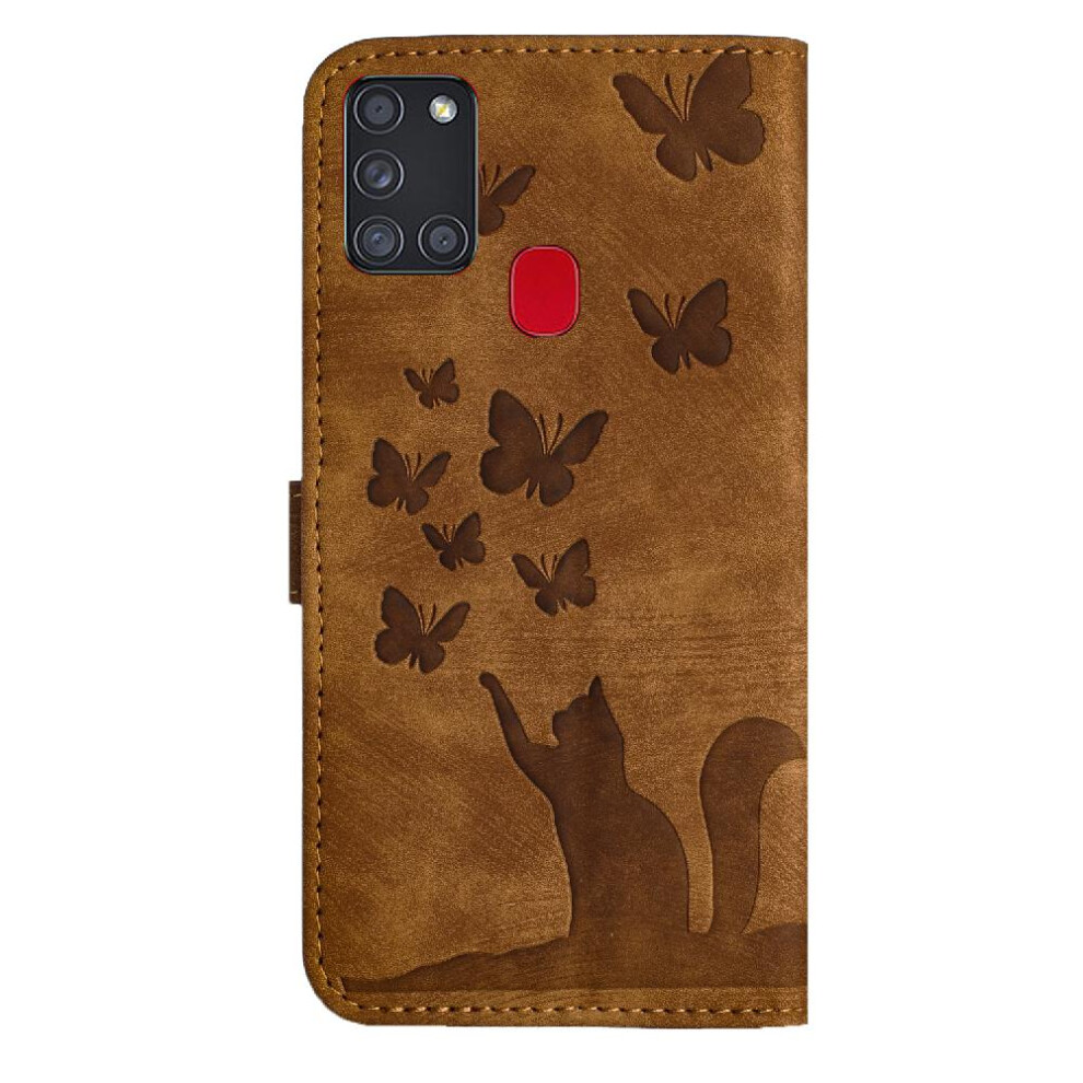 (Brown) Case For Samsung Galaxy A21s Holder Cover Embossed Butterfly Cat Wallet Case Flip Folio Card Pocket Brown 764563690848