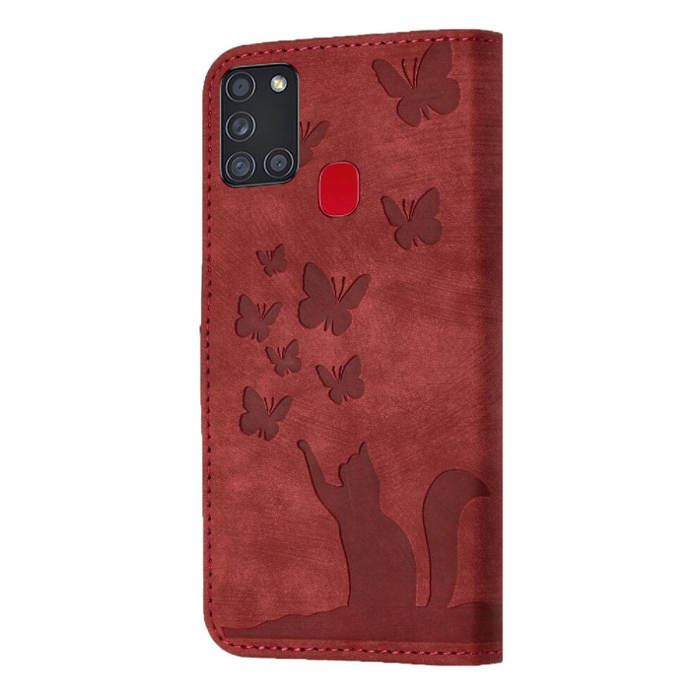 (Red) Case For Samsung Galaxy A21s Holder Cover Embossed Butterfly Cat Wallet Case Flip Folio Card Pocket Red 764563690817