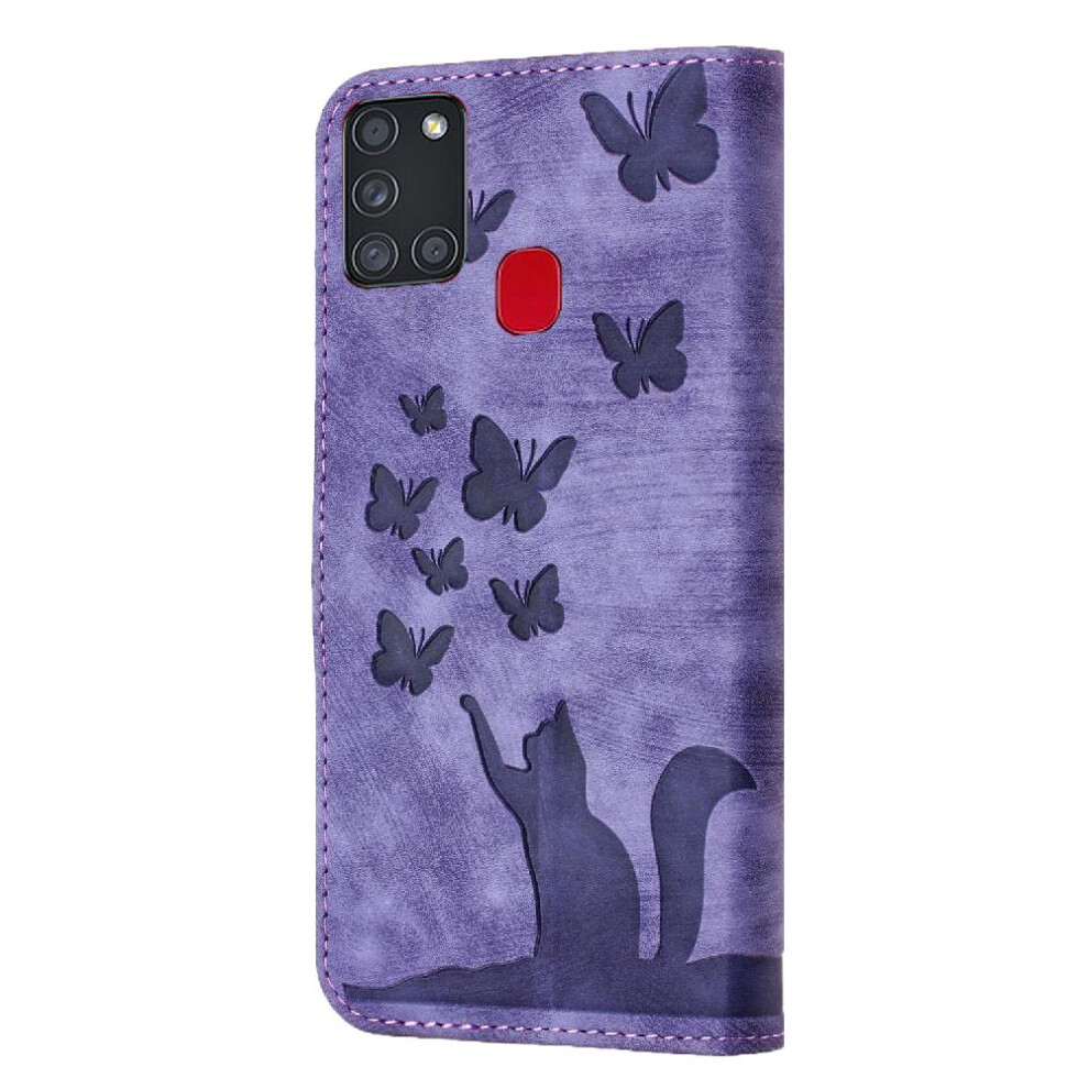 (Purple) Case For Samsung Galaxy A21s Holder Cover Embossed Butterfly Cat Wallet Case Flip Folio Card Pocket Purple 764563690800