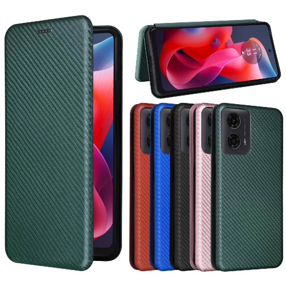(Green) Case For Motorola Moto G04/G24 Card Insertion Leather Folio Flip Case Magnetic Carbon Fiber With Card Holder Kickstand Full Protection Green 764563691111