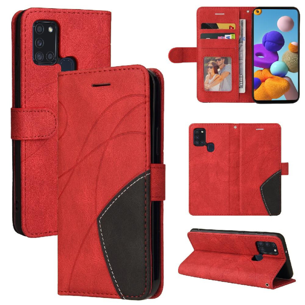 (Red) Case For Samsung Galaxy A21s Pu Leather Flip Folio Case With Card Slot Stand Two-Color Stitching Kickstand Protective Red 764563691357