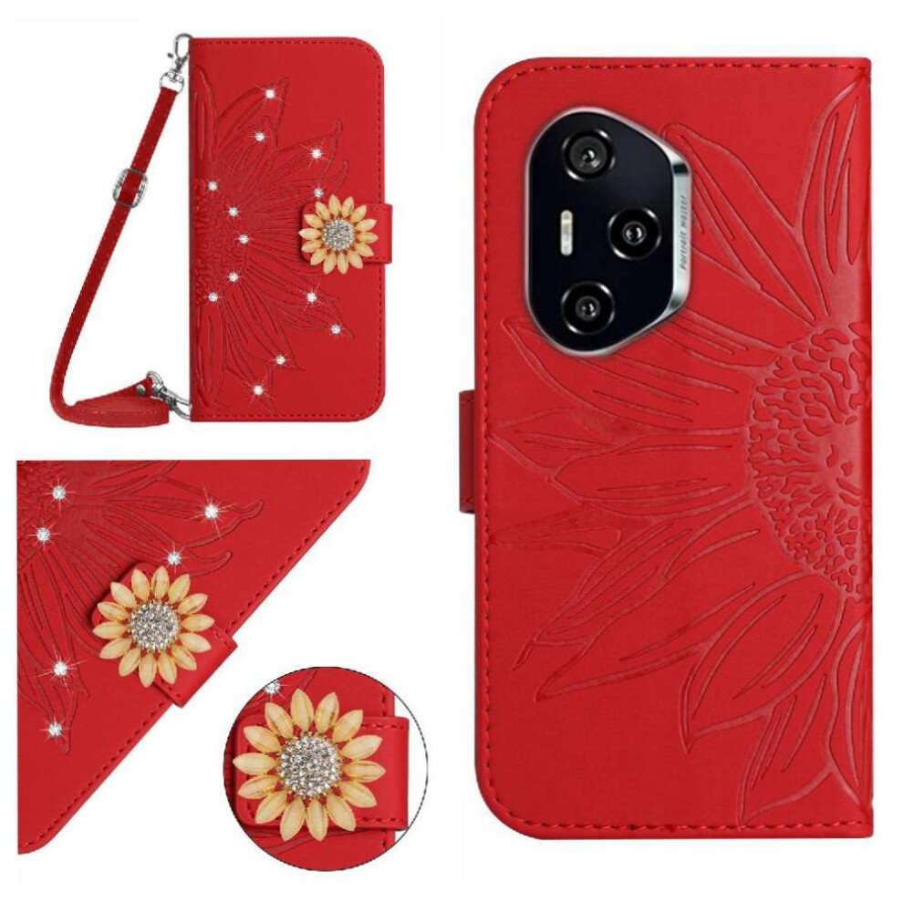 (Red) Flip Case For Honor 400 Pro Sunflower Kickstand Protective With A Long Lanyard Leather Wallet With Card Slot Stand Red 764563691777