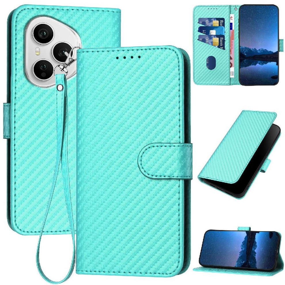 Photos - Case  Flip  for Honor 400 Pro Premium Leather Carbon Fiber Surface with Card Slot and Kickstand with Detachable Hand S(Green)